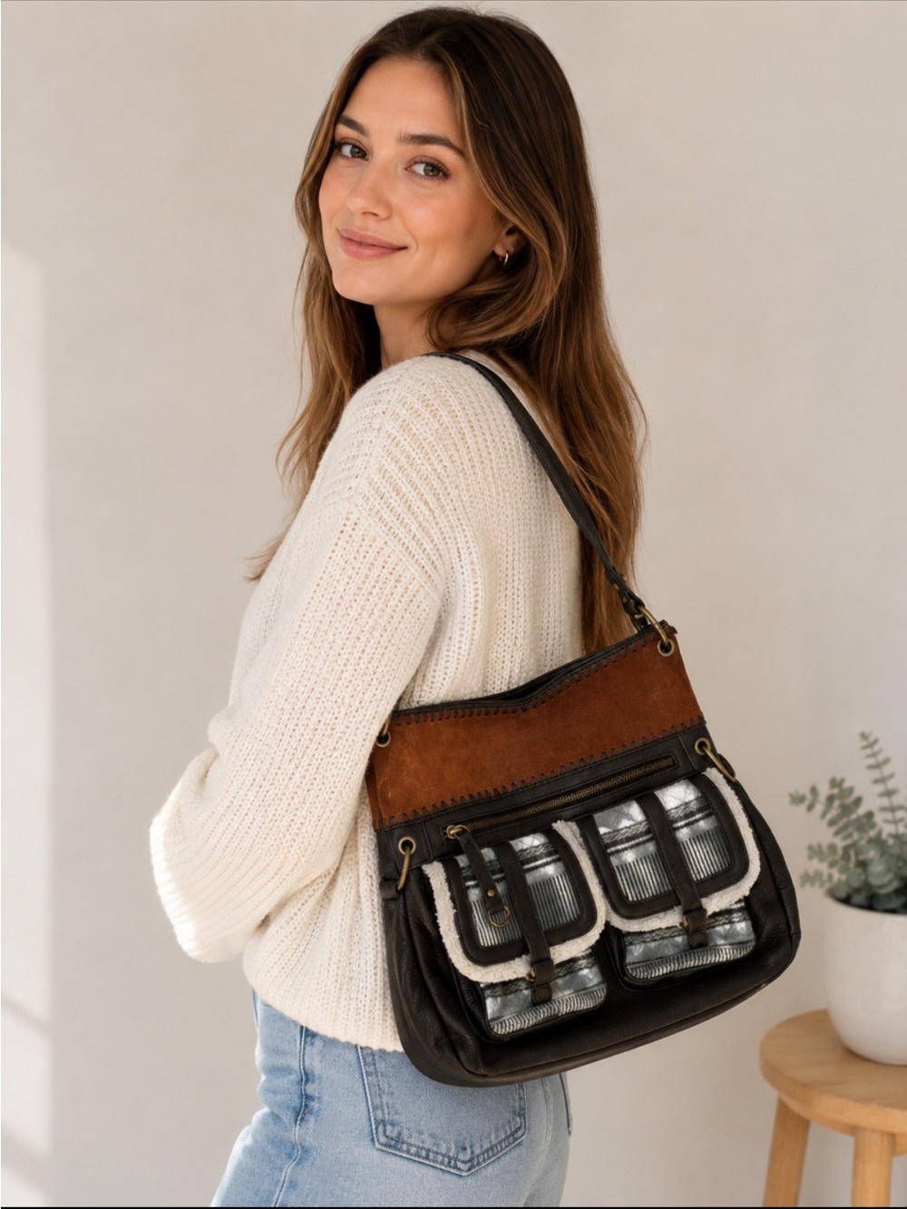 The Sak Fair Isle Chocolate Brown Leather/Suede/Fax Fur trim bag